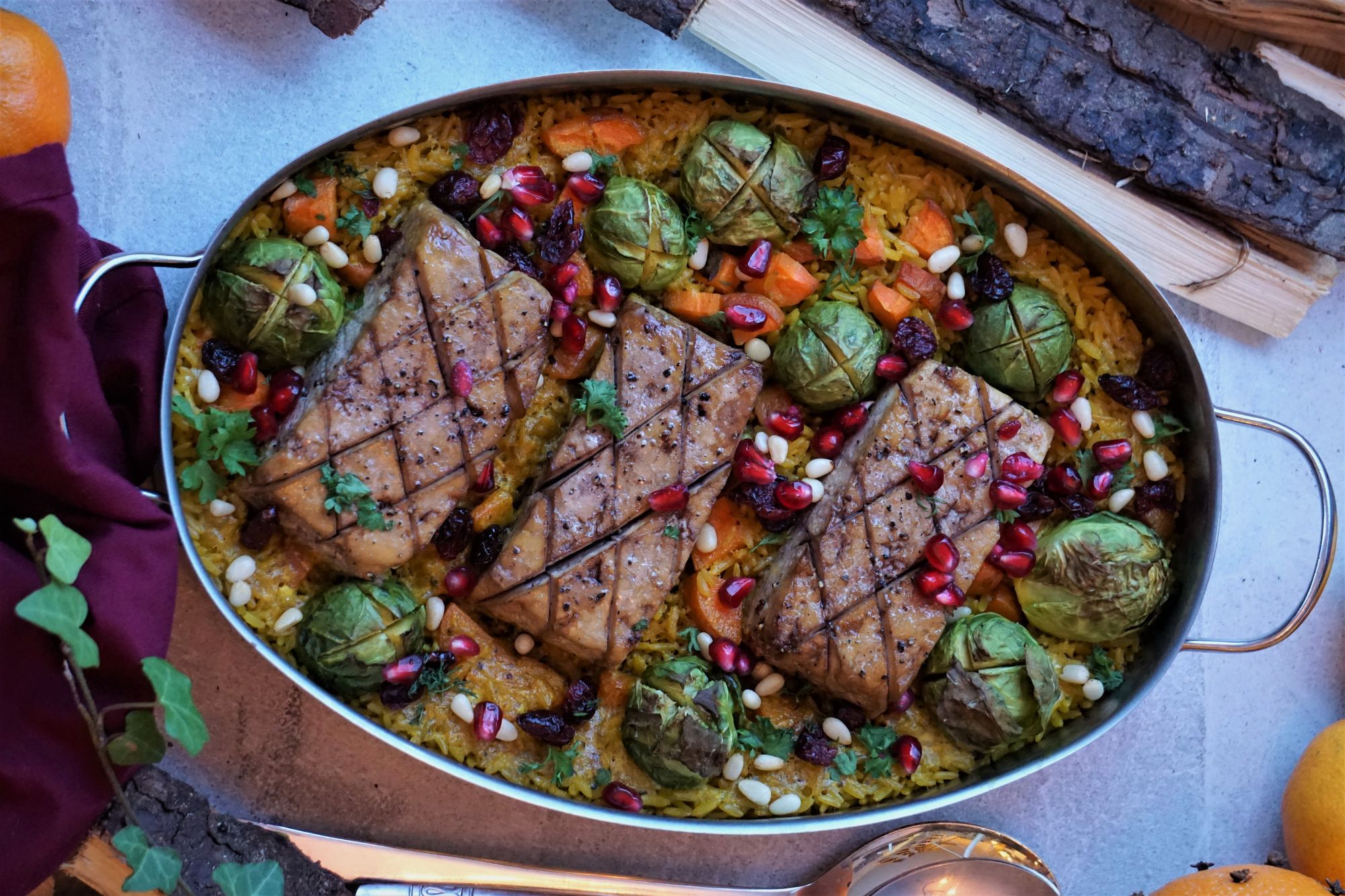 Vegan dish with saffrons rice and mulled wine tofu